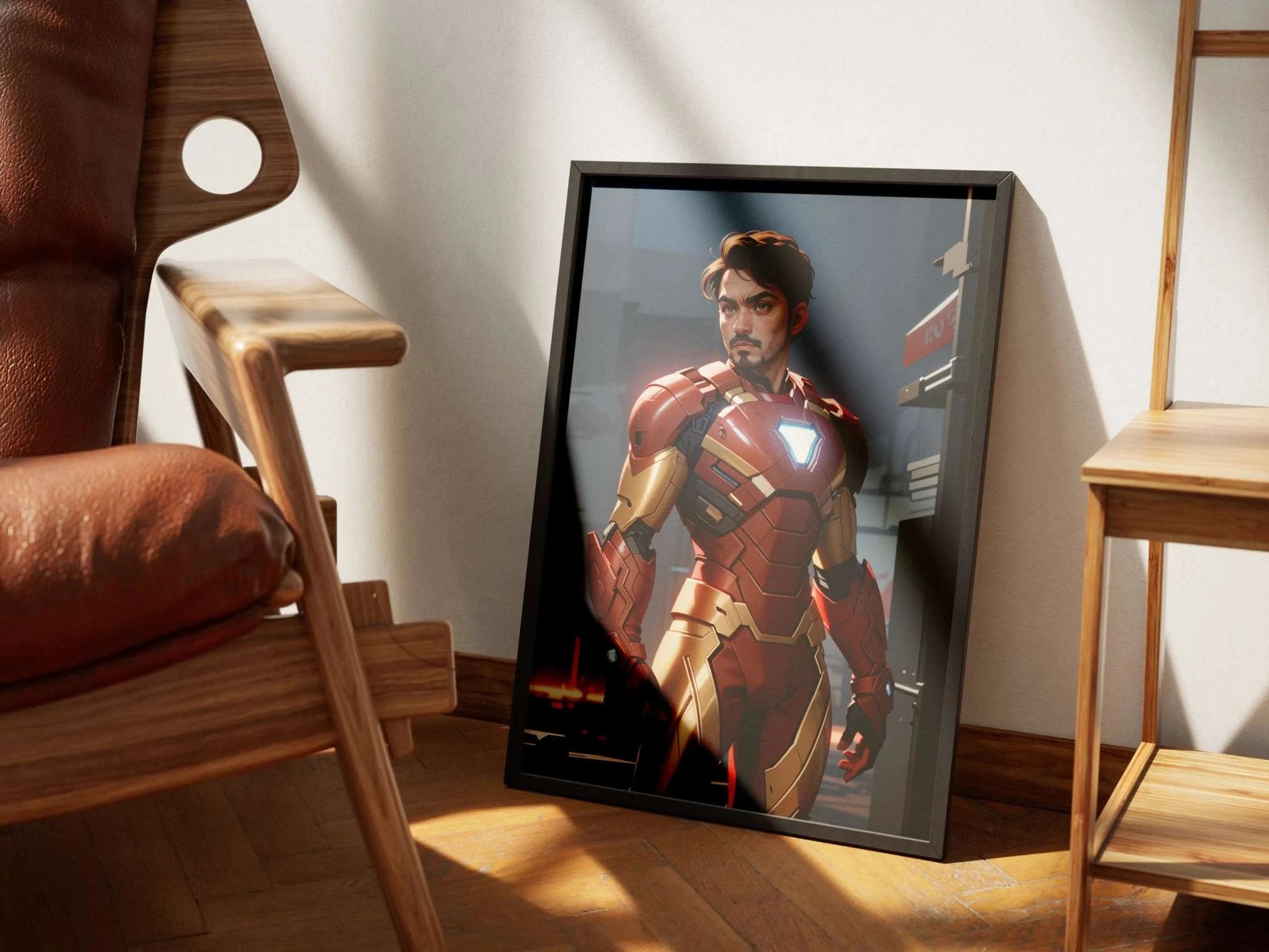 Custom Superhero A.I. Art framed on the floor, depicting a man in a red and gold superhero suit, ideal for fans of Marvel and DC heroes.