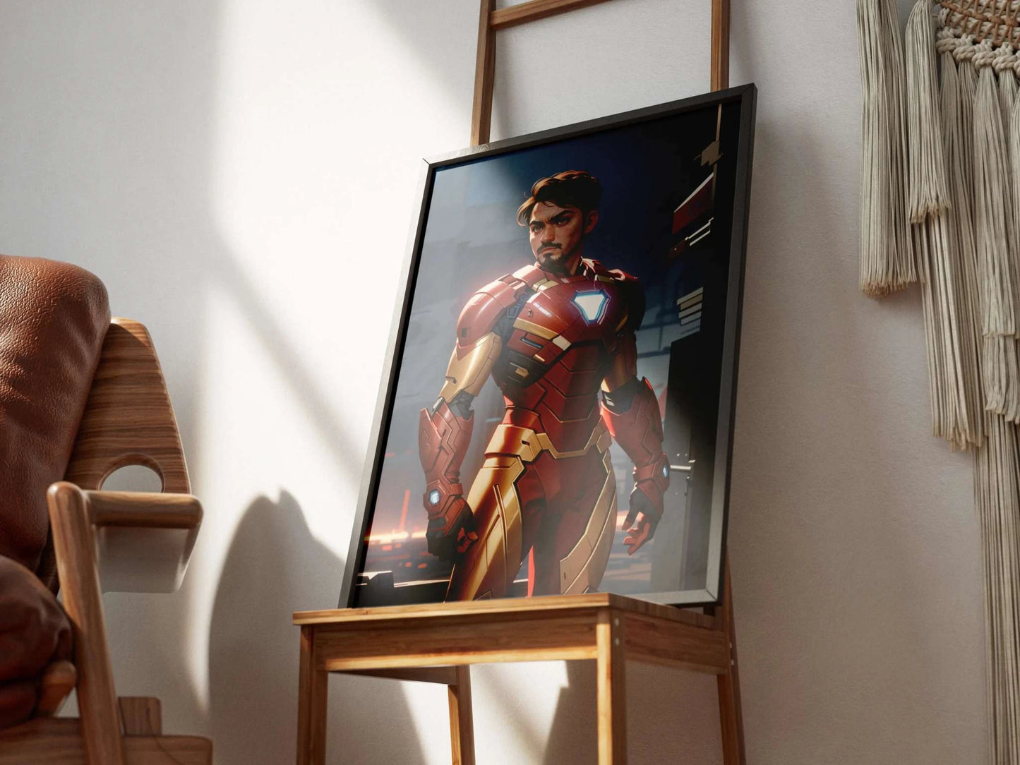 Custom superhero A.I. art depicting a person in Iron Man suit displayed on a wooden chair.