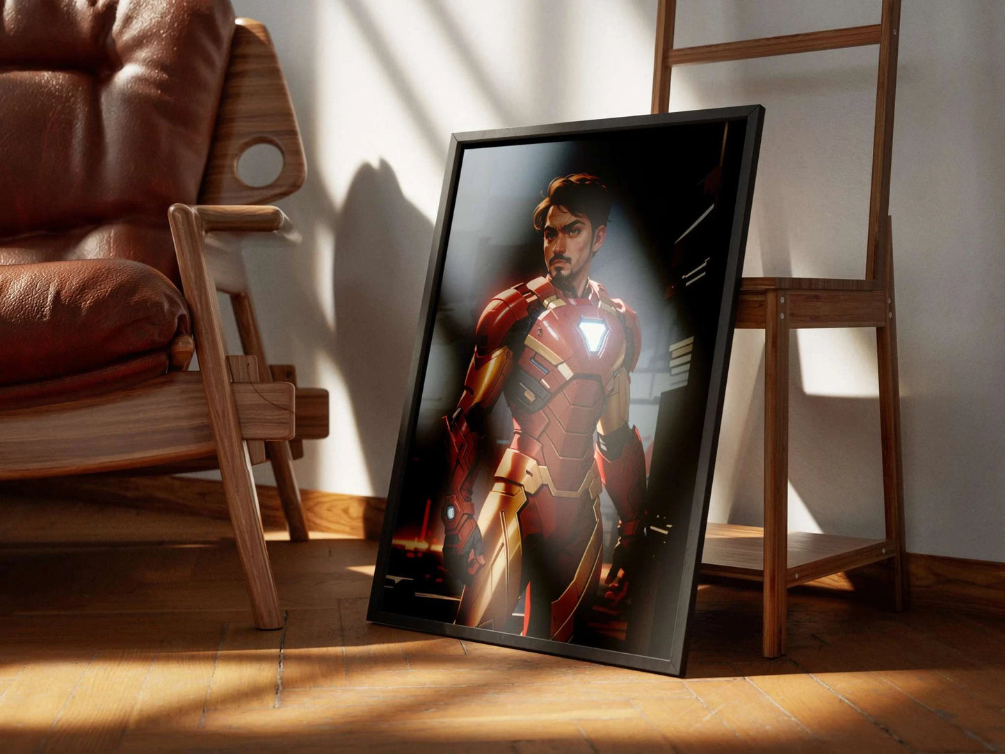 Custom superhero A.I. art print featuring a man in an Iron Man suit, framed and leaning against a chair in a cozy room.