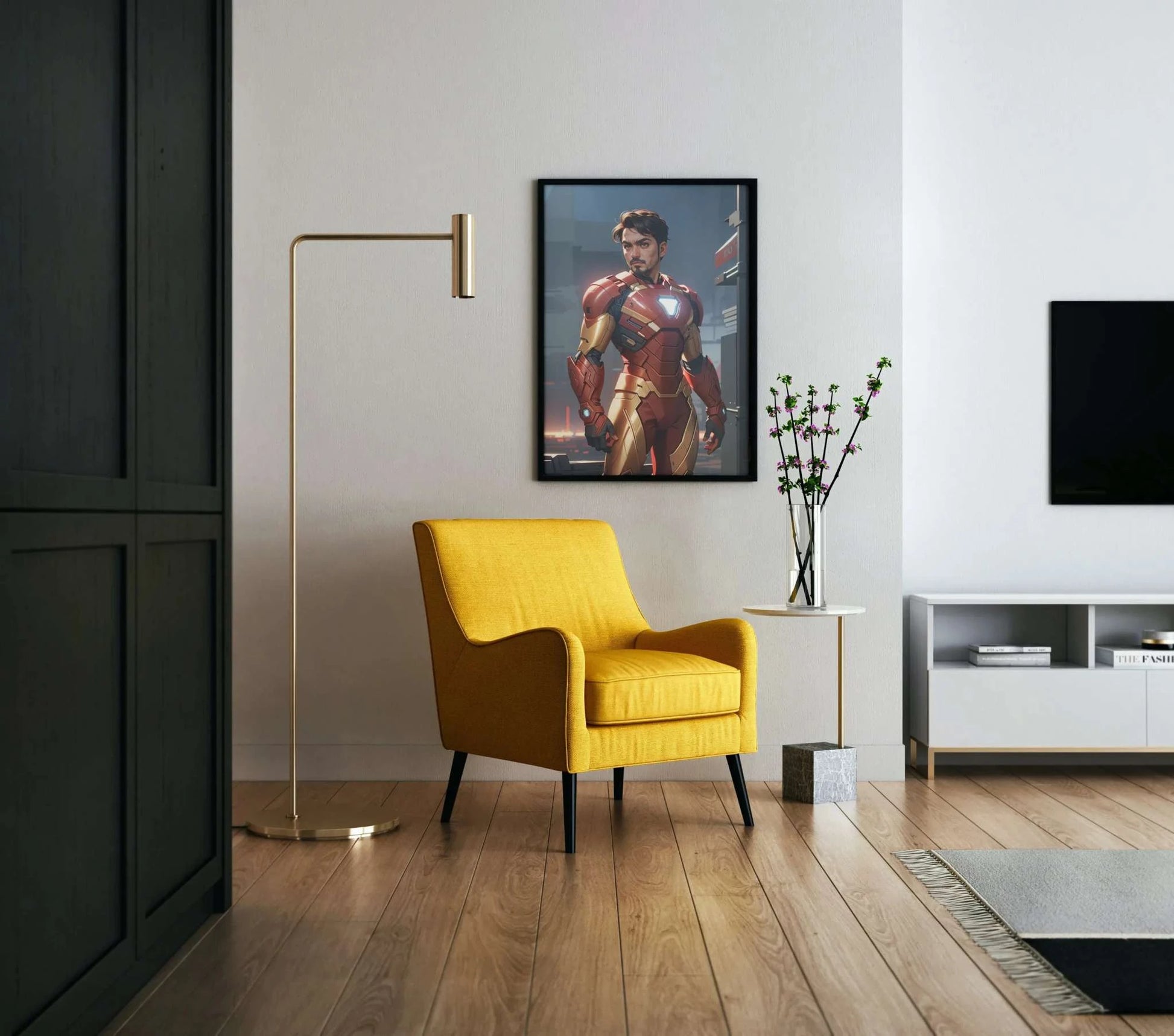 Custom superhero artwork displayed on wall above yellow chair in modern living room.