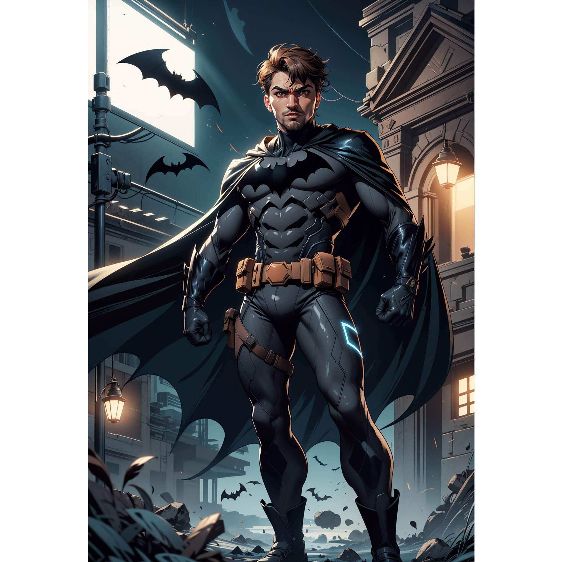 Custom superhero AI digital art featuring a male superhero in a dark costume, city backdrop with bats.