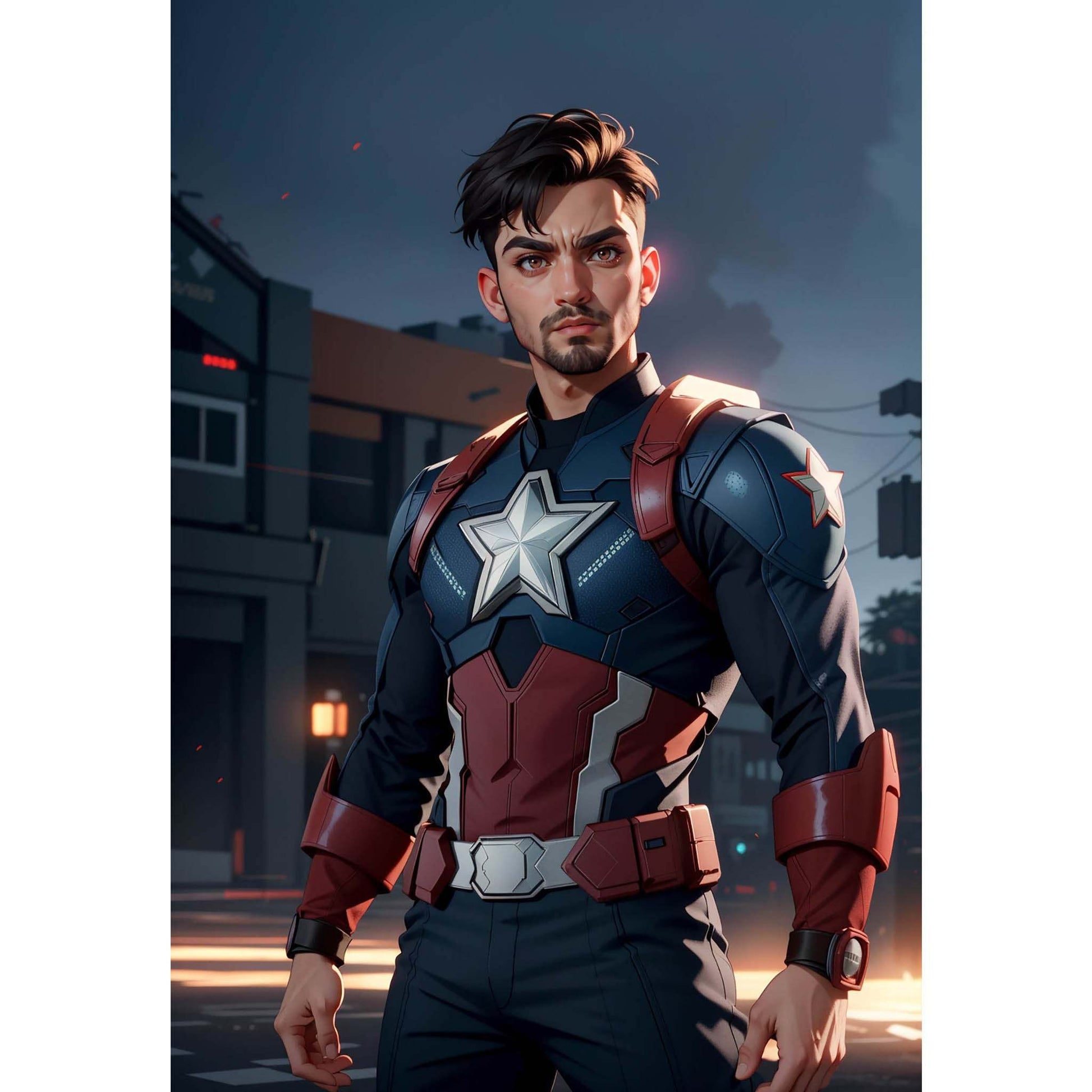 Custom A.I. digital art transforming photo into superhero illustration, featuring a figure similar to a Marvel or DC hero in a cityscape.