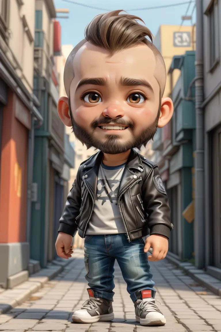 Unique anime character in an urban setting with doll-like features, showcasing a big head and small body design.