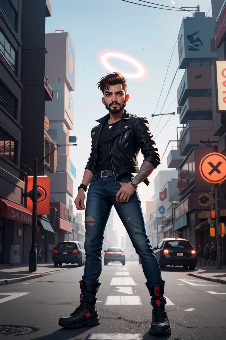 Futuristic cyberpunk art transformation with neon colors and high-tech elements.