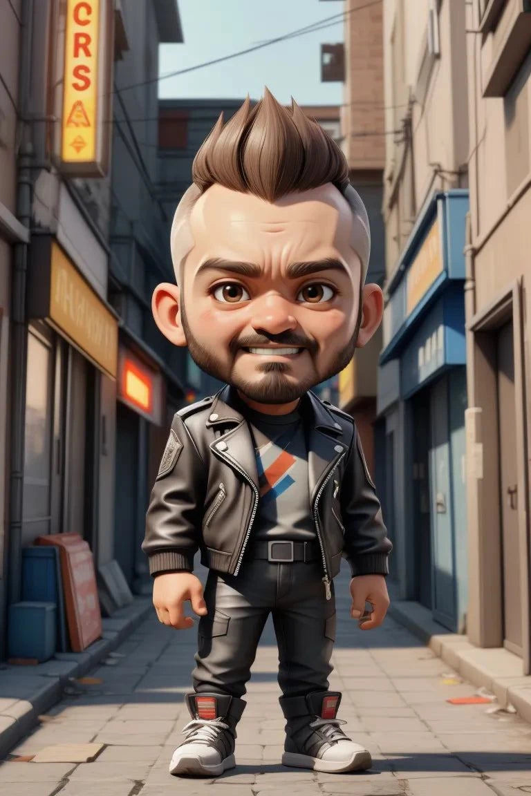 Unique anime character in urban setting, showcasing a big head and small body style.