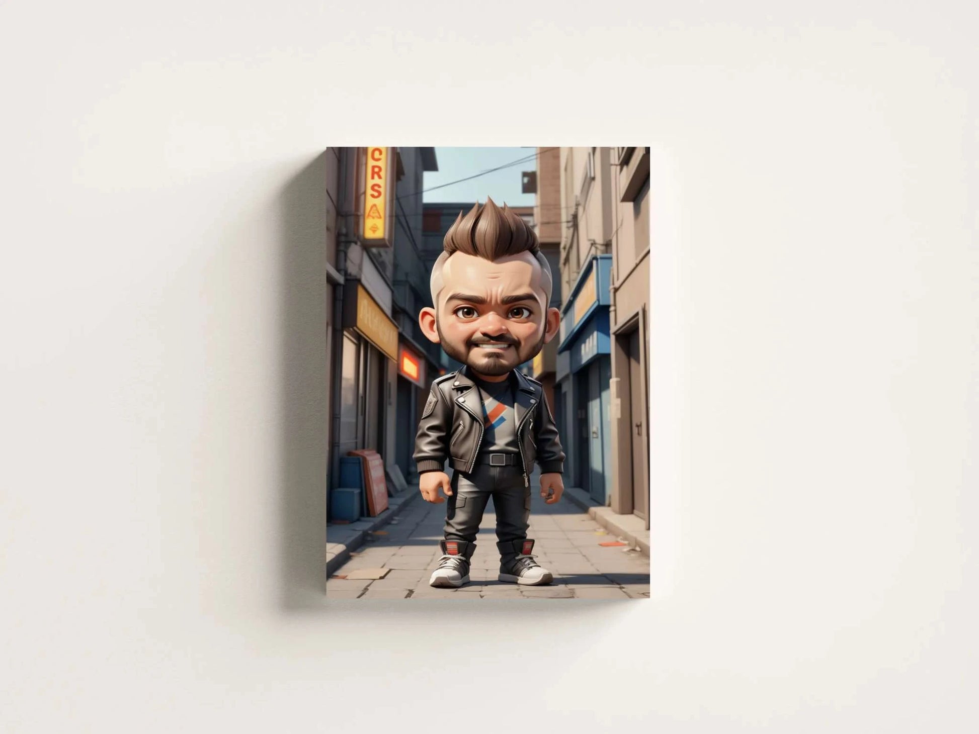 Unique anime-style digital illustration of a doll-like character with a big head and small body, wearing a leather jacket, ideal for social media or decor.
