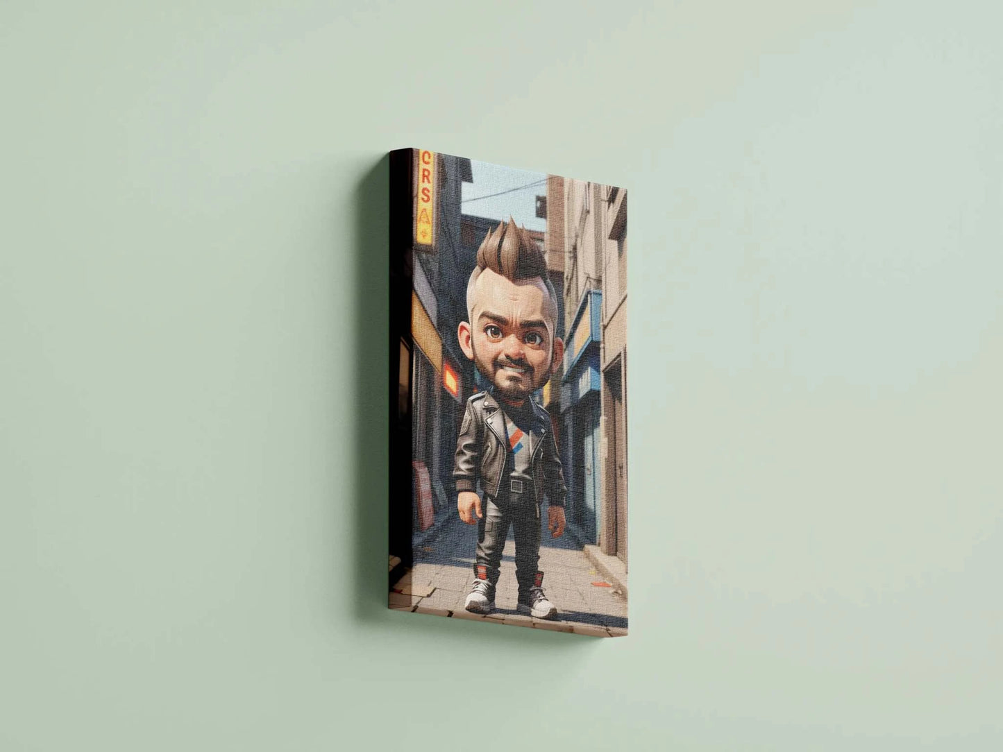 Custom doll-like A.I. art portrait in anime style with big head and small body, printed on canvas, showcasing unique miniature character design.