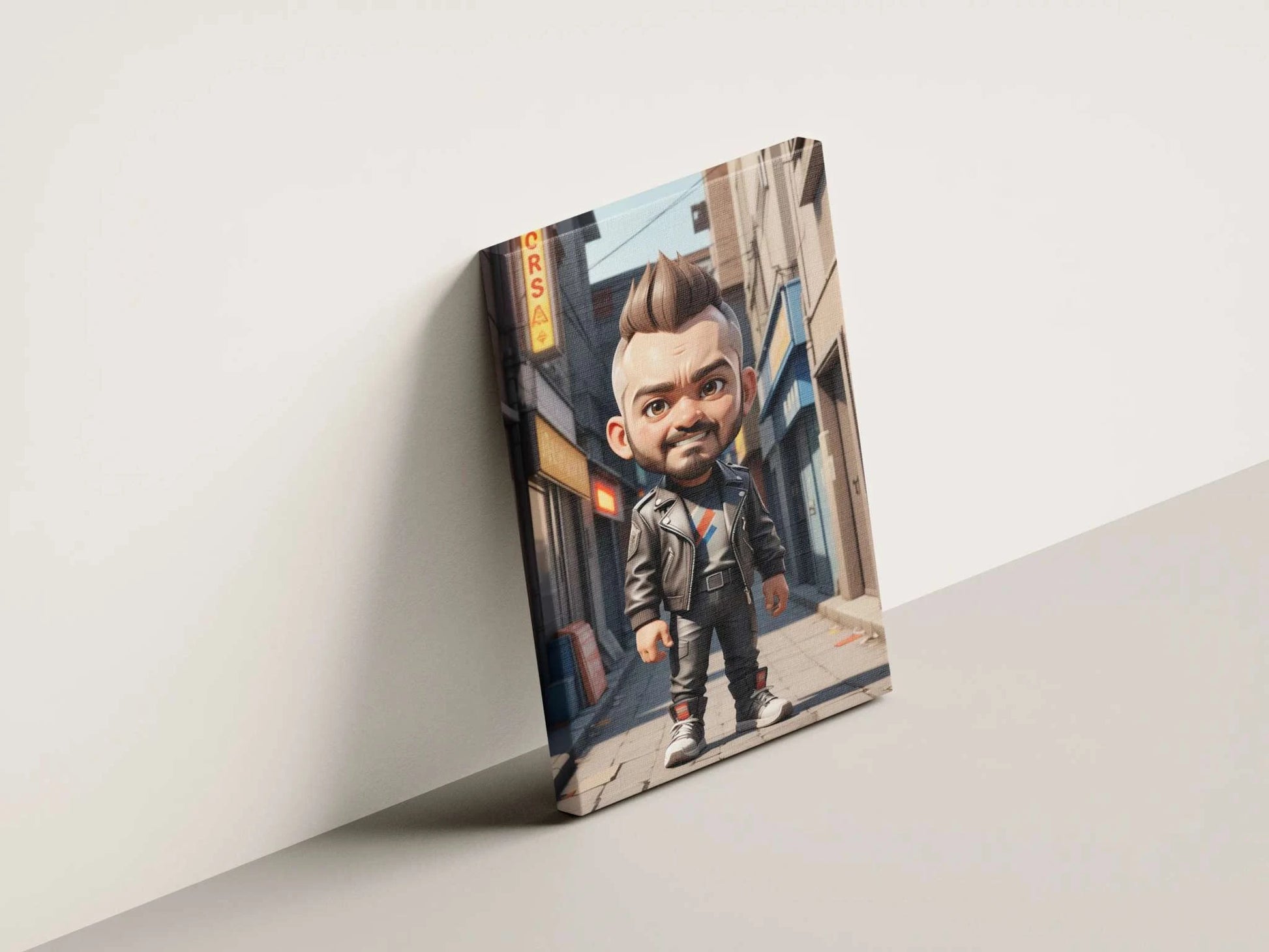 Miniature doll-like A.I. art canvas featuring a unique anime character with a big head and small body in an urban setting.