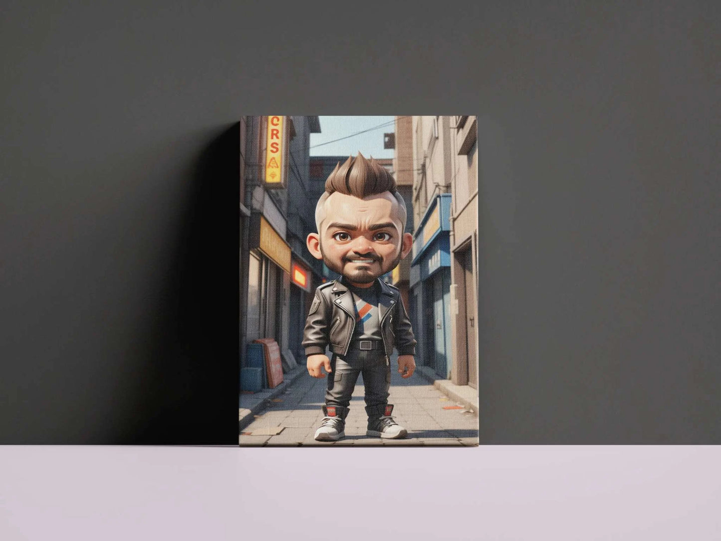 Anime-style custom doll art with a big head and small body, displayed on a canvas.