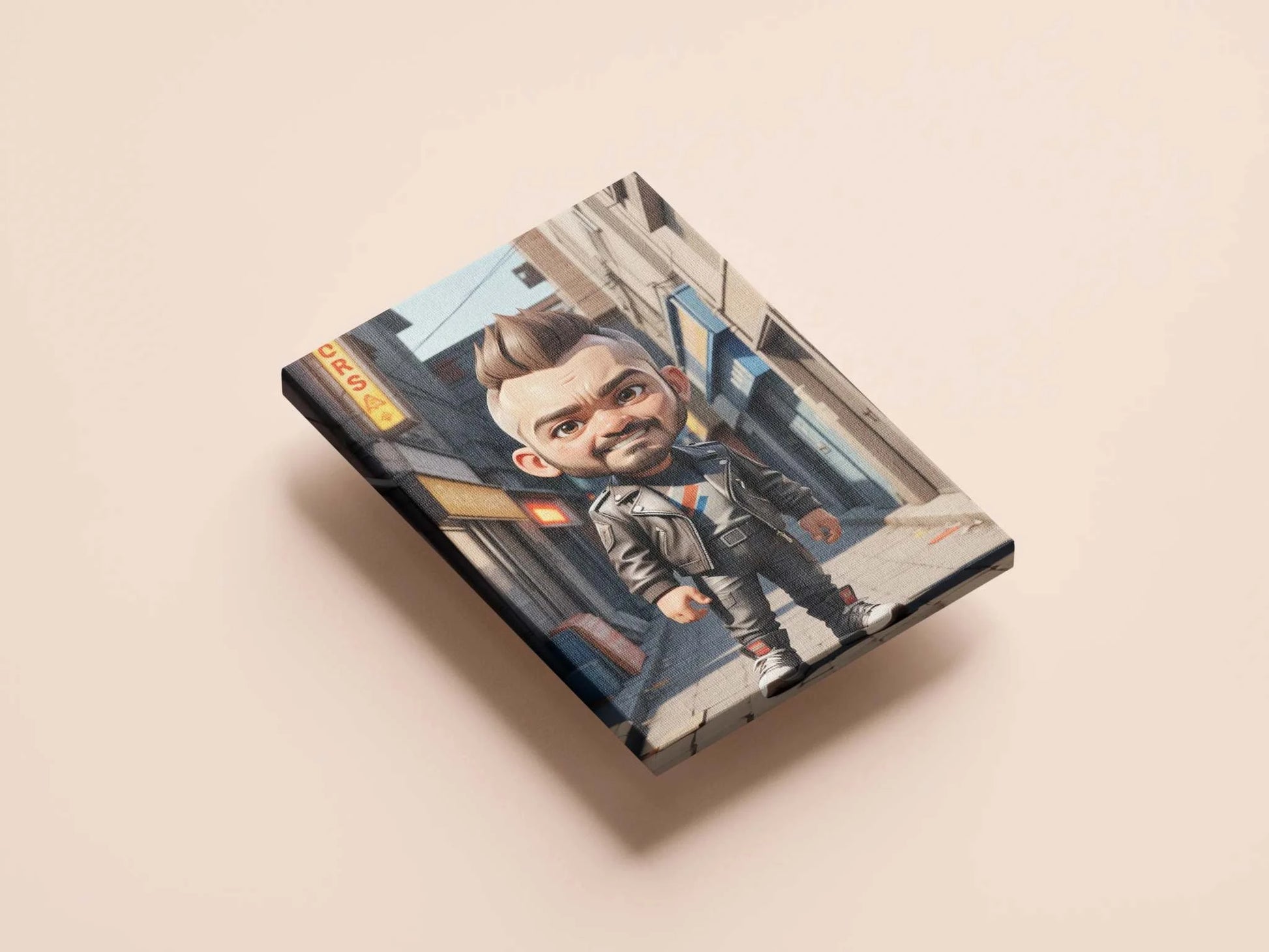 Custom doll-like A.I. art canvas featuring unique anime character with big head and small body.