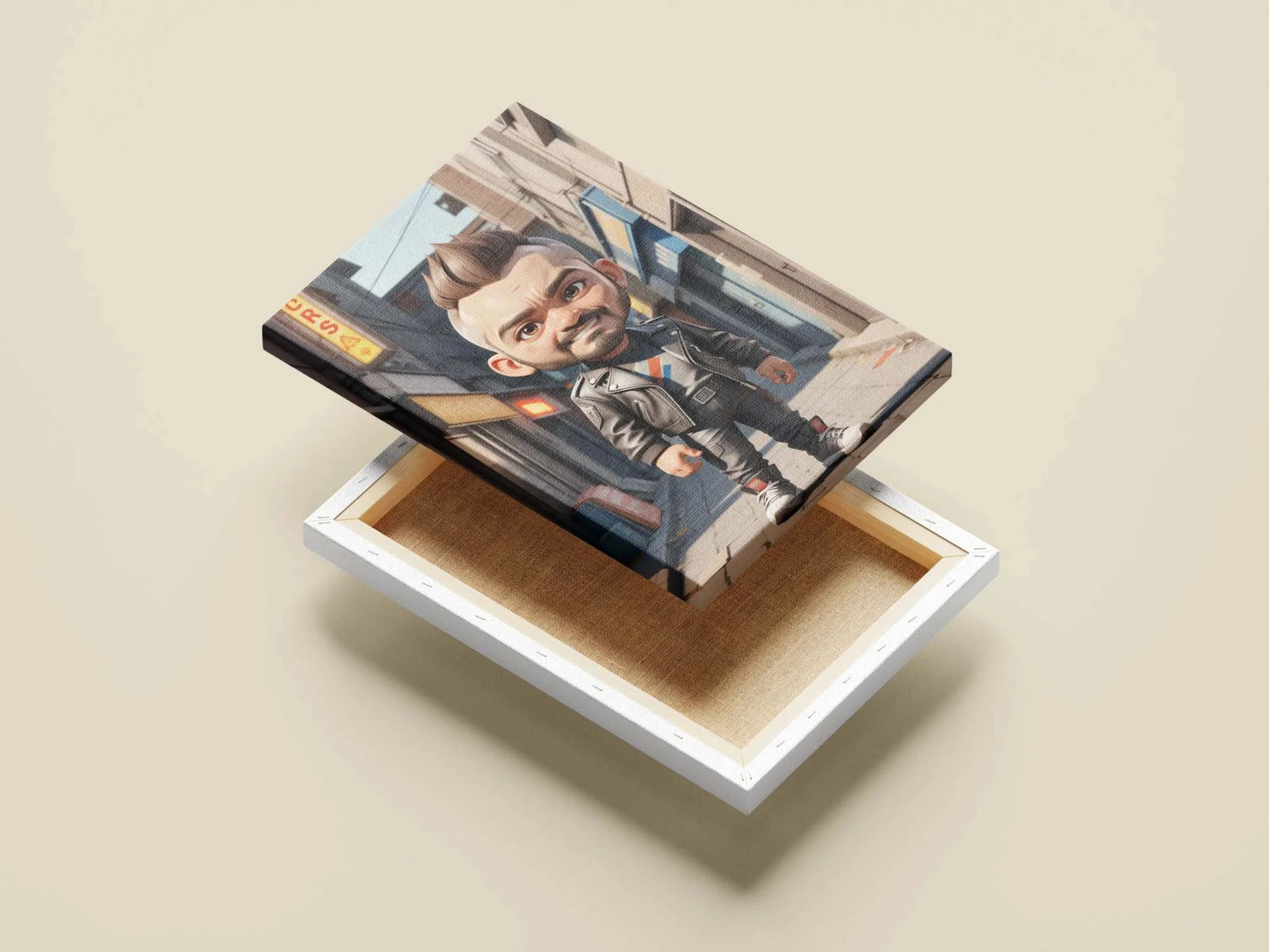 Custom doll-like anime character art on a canvas with big head and small body style.