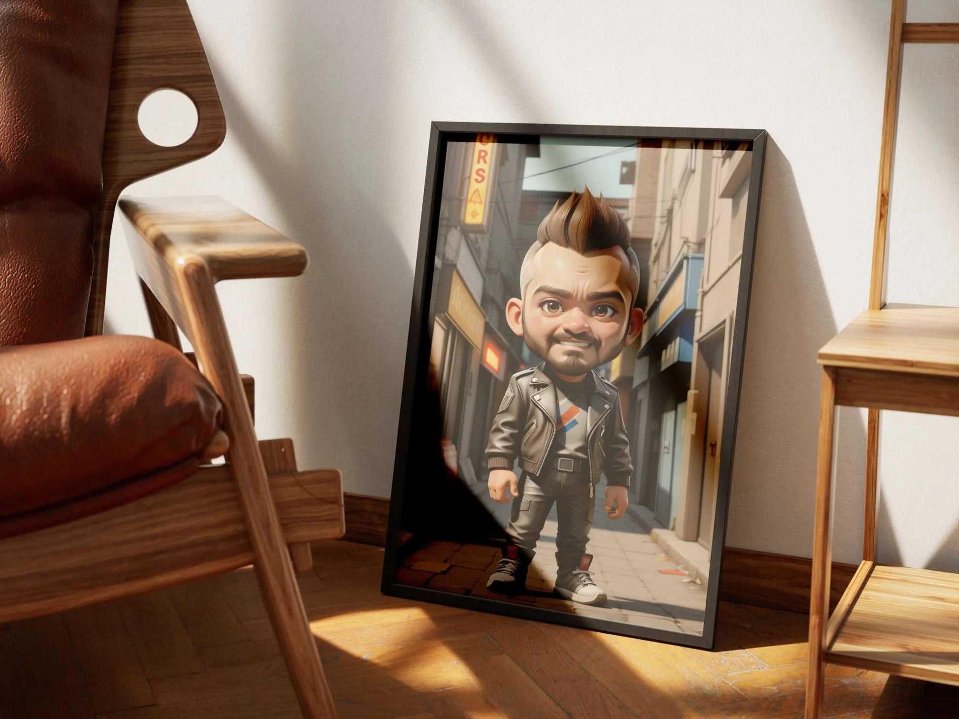 Unique anime character print on display, featuring custom doll-like art with a big head, small body design.