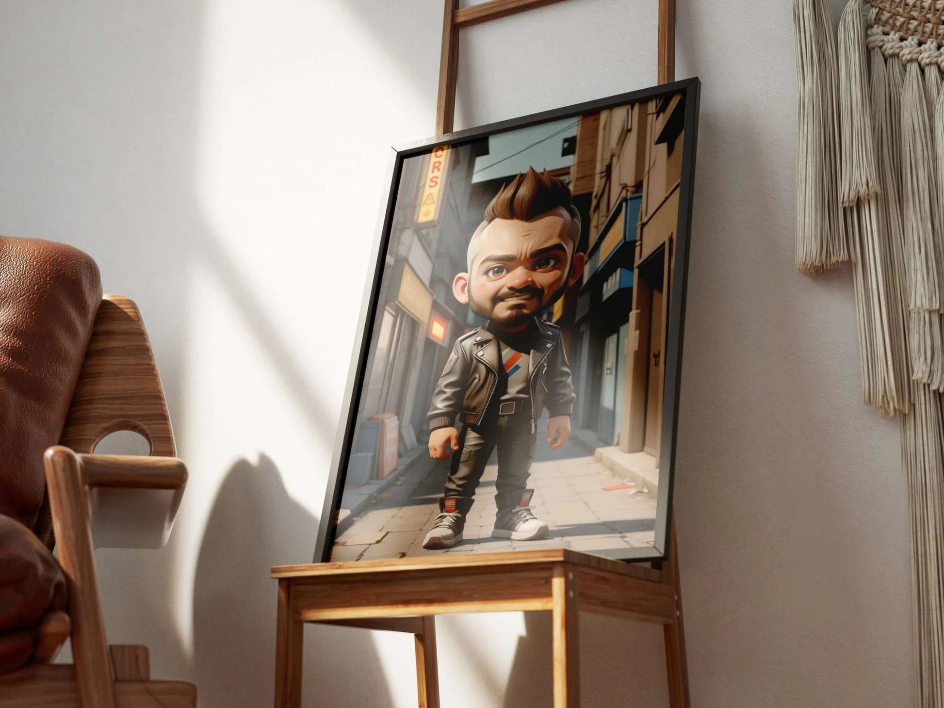 Customizable doll-like anime character art print on easel in cozy room setting.