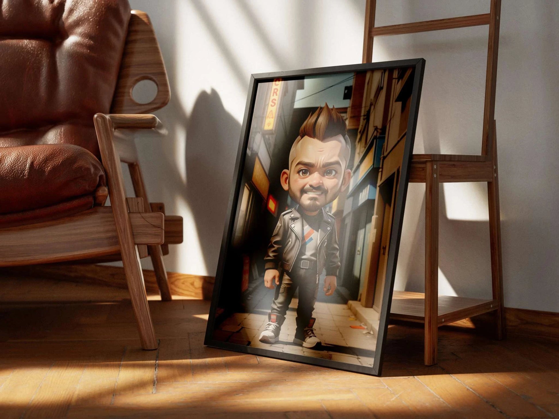 Unique doll-like A.I. art print displayed on floor easel in cozy room setting.