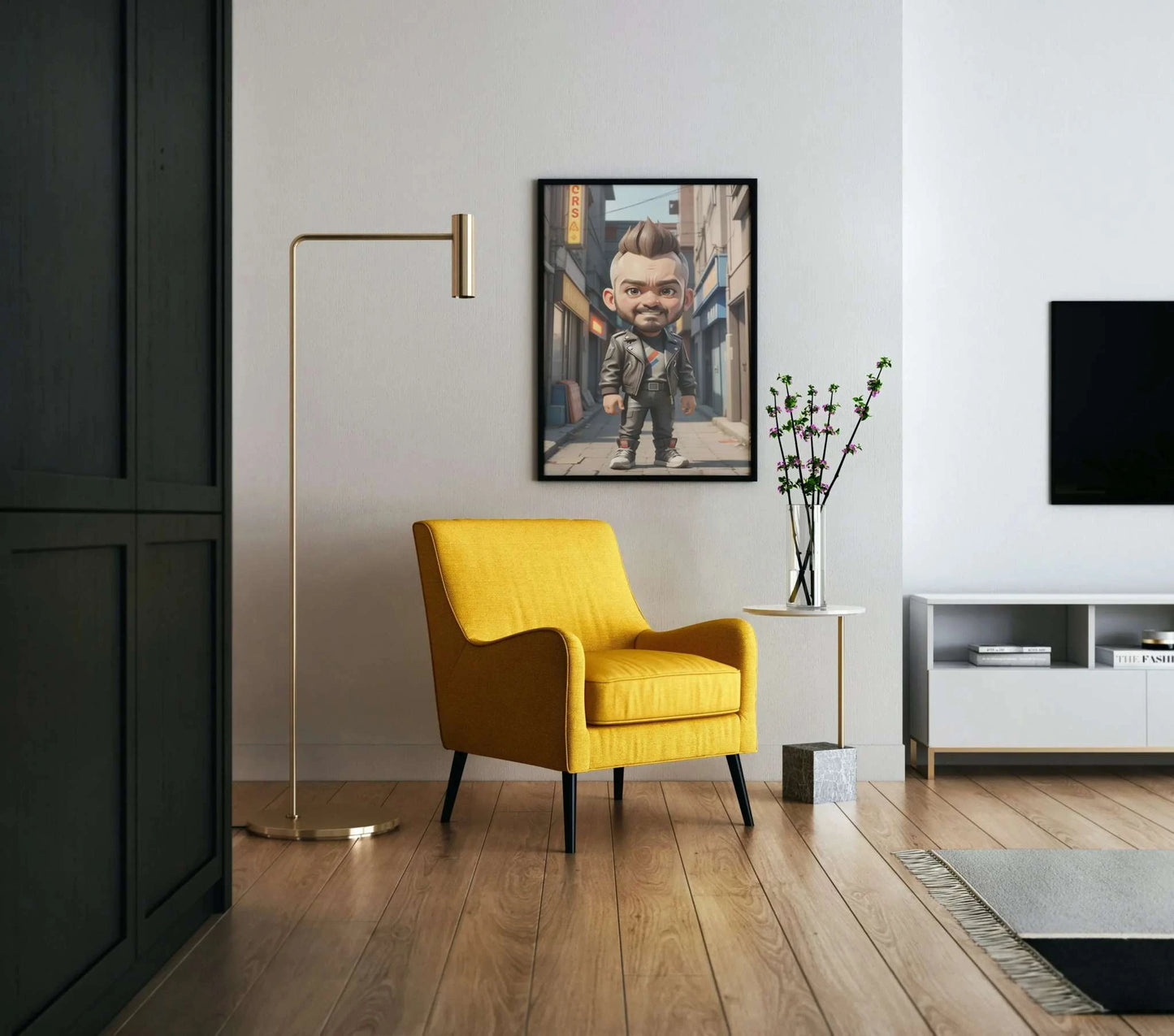 Anime character canvas art in modern living room dΓ©cor.