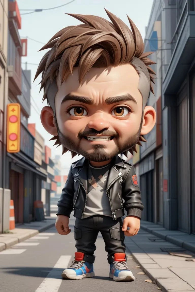 Cute doll-like anime character art in an urban setting with big head and small body style.