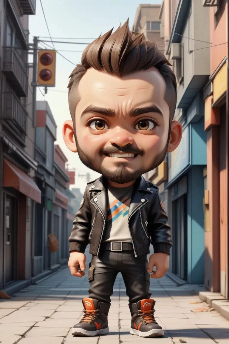 Unique anime character art with big head and small body style, depicted on a city street.