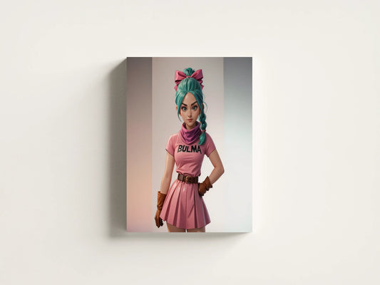 Custom anime character art on canvas with "Bulma" attire, created using advanced A.I. technology for personalized decor.