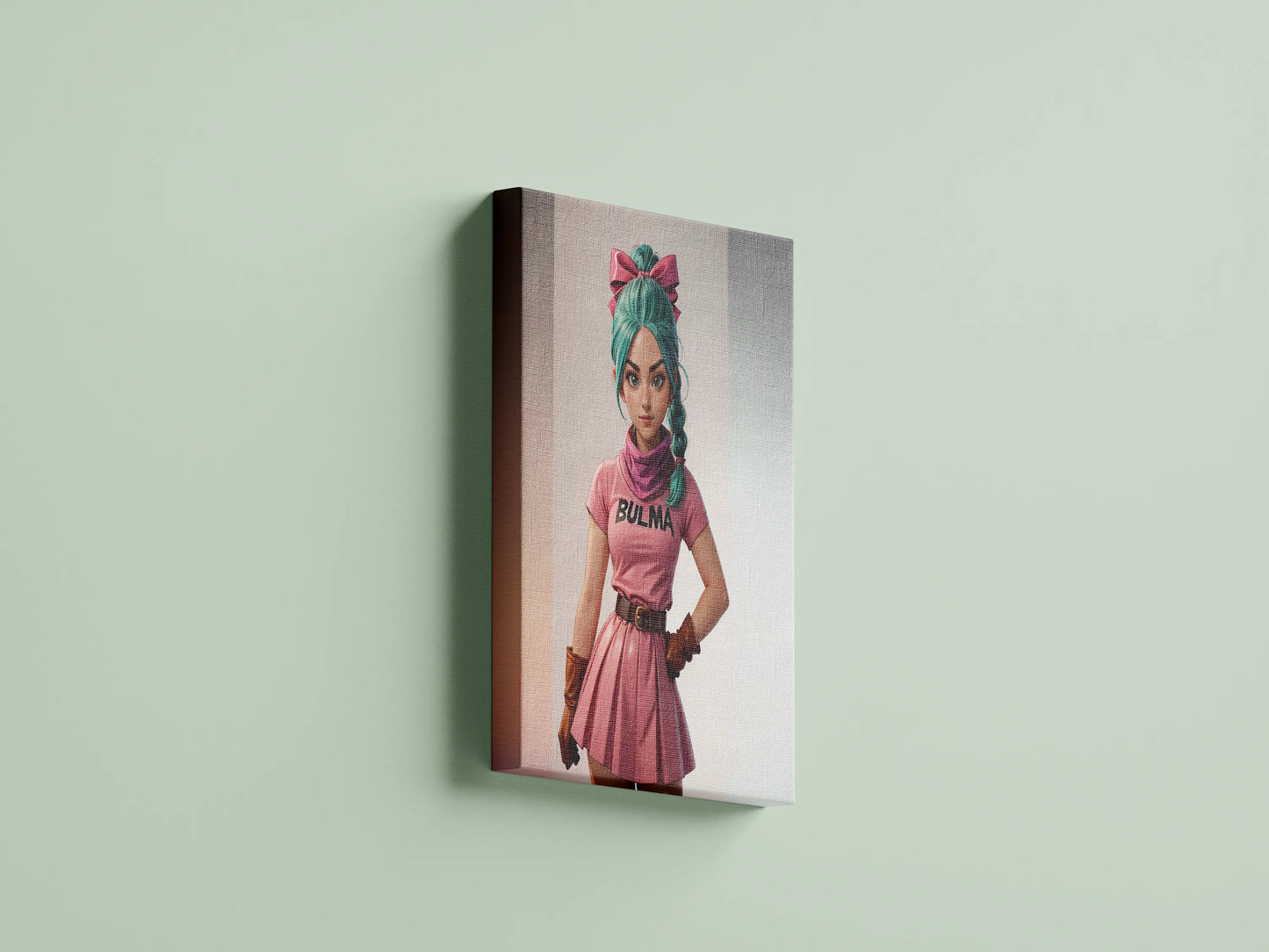 Anime character canvas print in pink outfit displayed on a green wall.