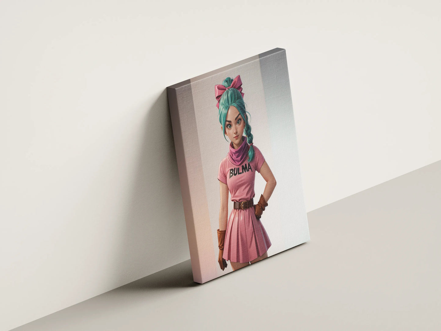 Custom A.I. anime art canvas featuring a character in a pink outfit with teal hair, perfect for fans of iconic anime styles.