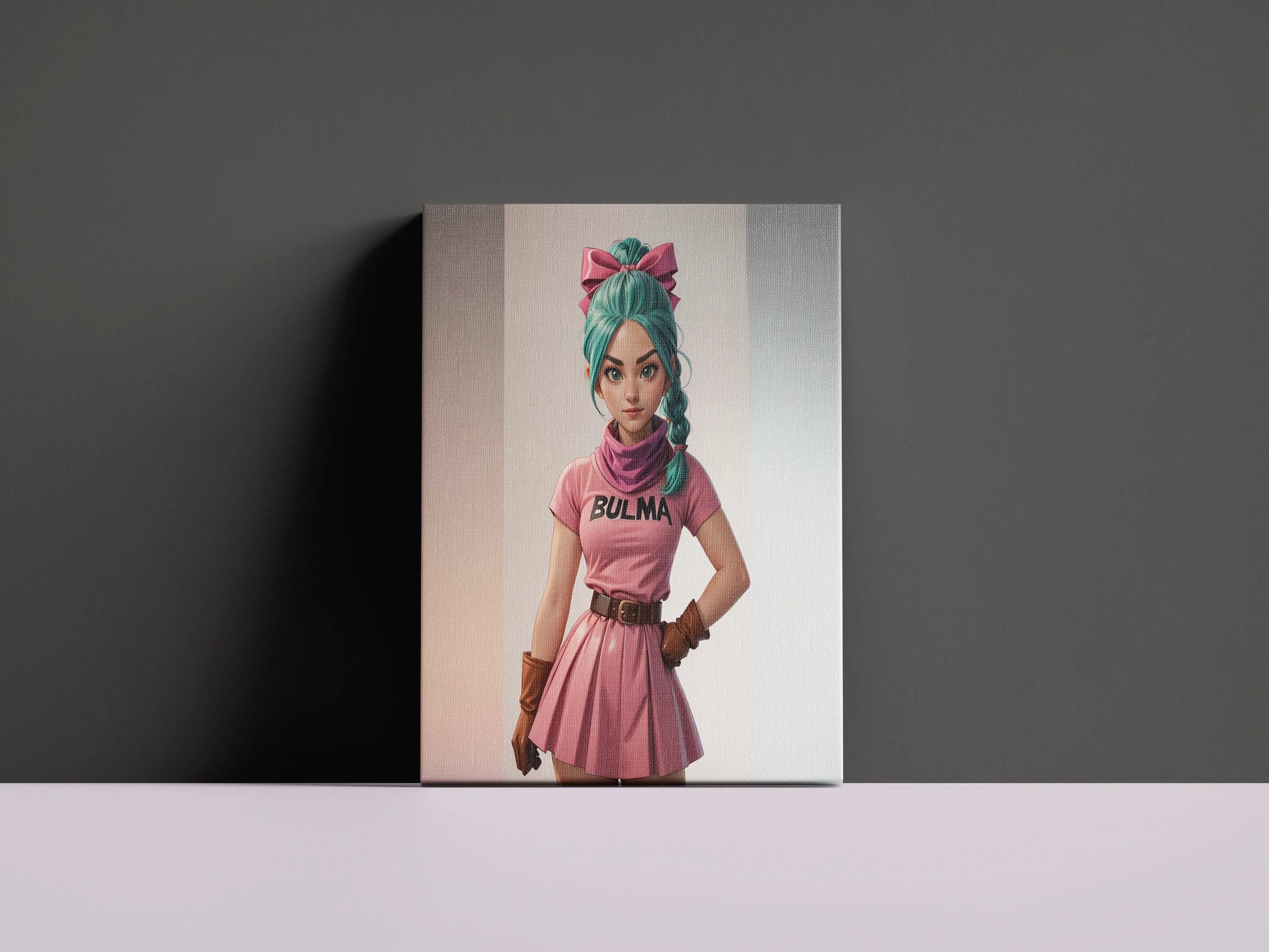 Custom anime A.I. digital art canvas featuring a unique anime character in a pink outfit; personalized decor for anime fans.