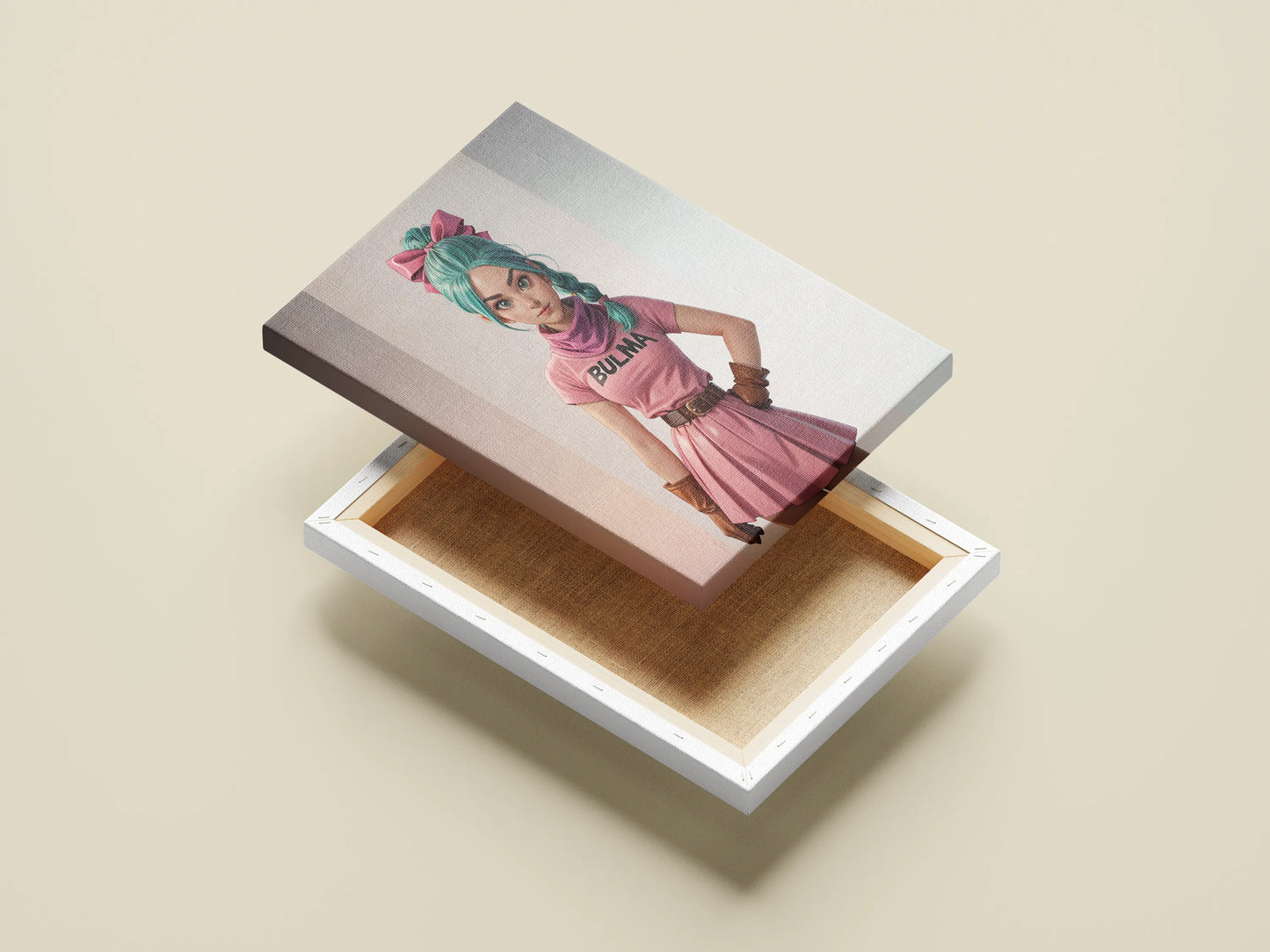 Custom anime A.I. art on canvas featuring a female character with teal hair and pink attire.