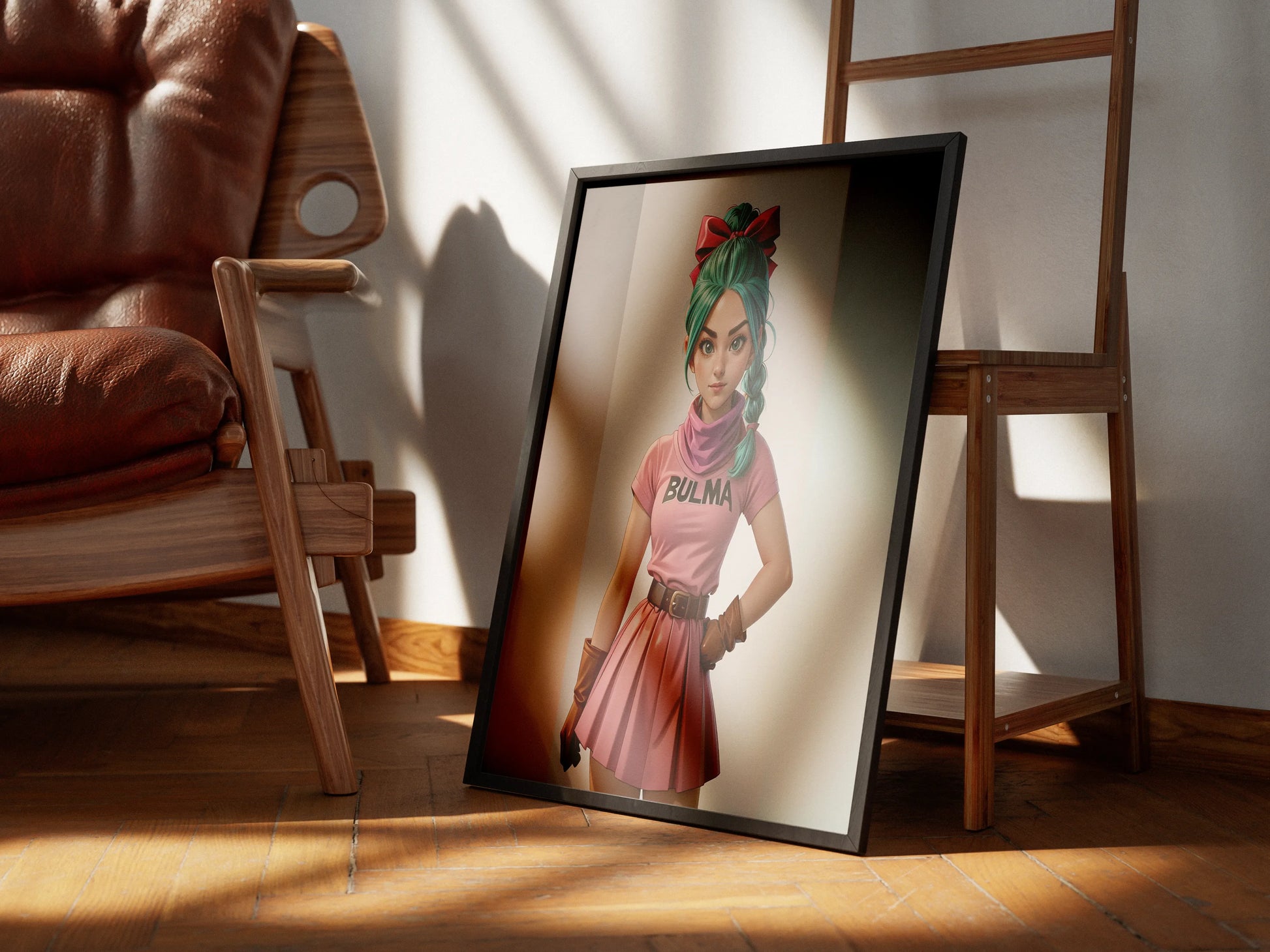 Anime-themed art in a frame displayed on a wooden floor, created by Custom Anime A.I. Art service.