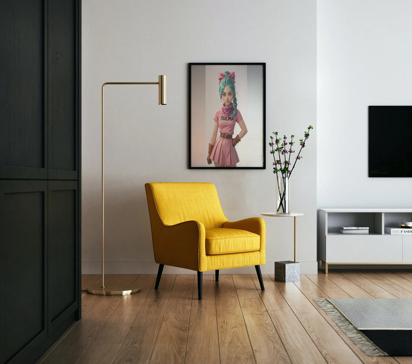 Yellow chair in a modern living room with anime art on the wall.