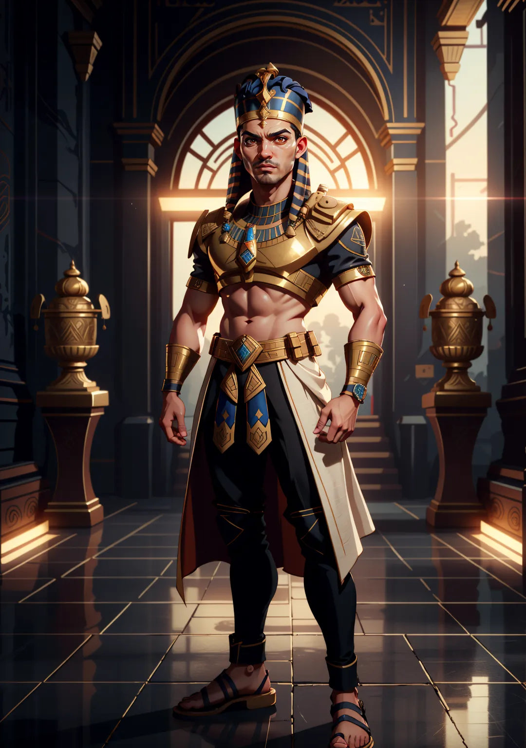 Pharaoh-inspired A.I. art with regal attire and hieroglyphic background.