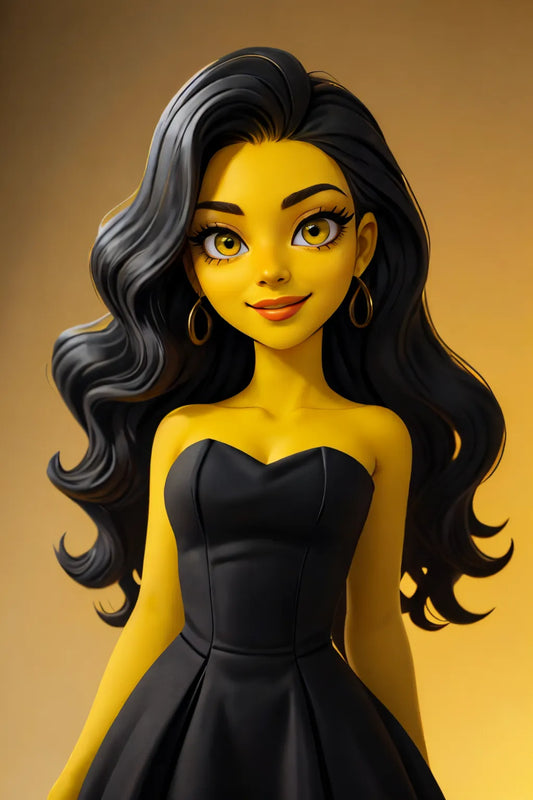 Custom Anime A.I. Art of a woman inspired by The Simpsons style with long black hair and a black dress.