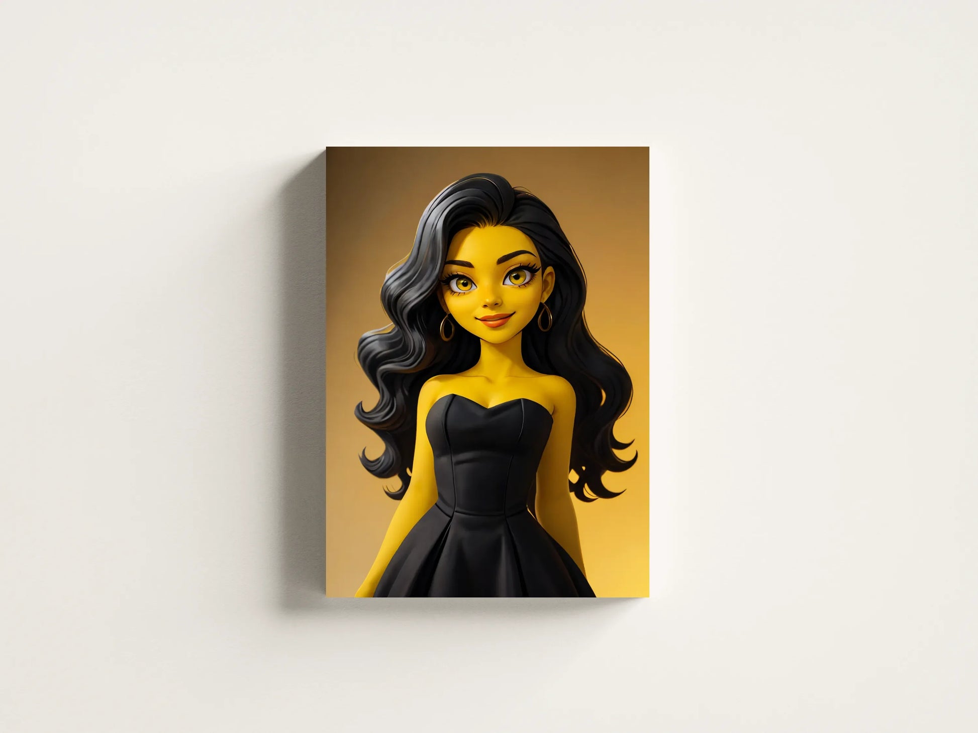 Custom Anime A.I. Art portrait with yellow-skinned character, black dress, and long wavy hair on canvas.