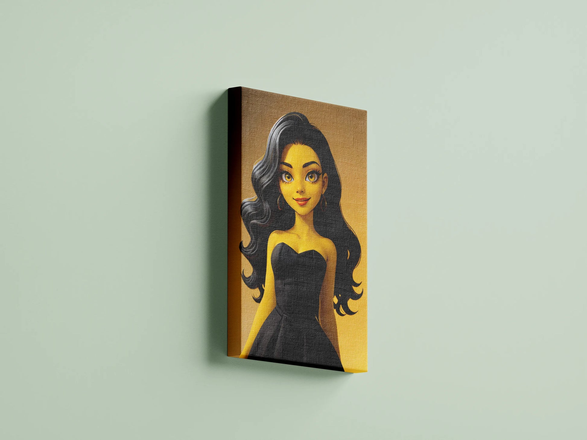 Custom anime A.I. art featuring a woman in a black dress, displayed as wall art on a green background.
