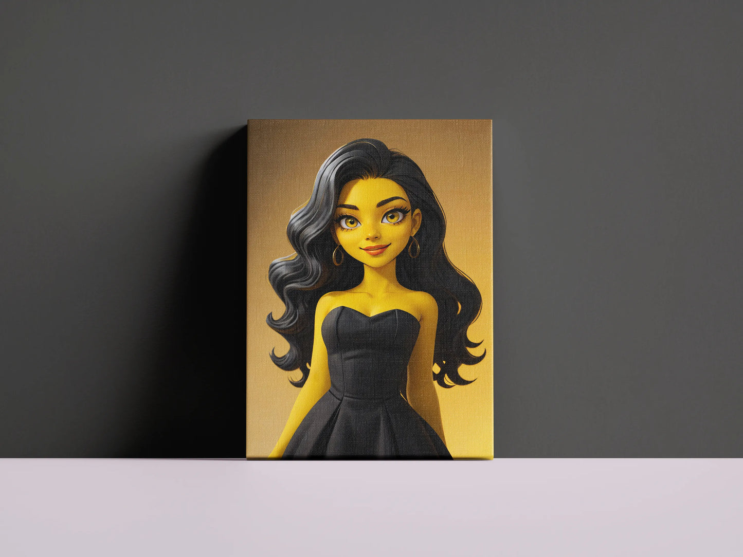 Custom anime A.I. art on canvas featuring a stylish character in black dress.
