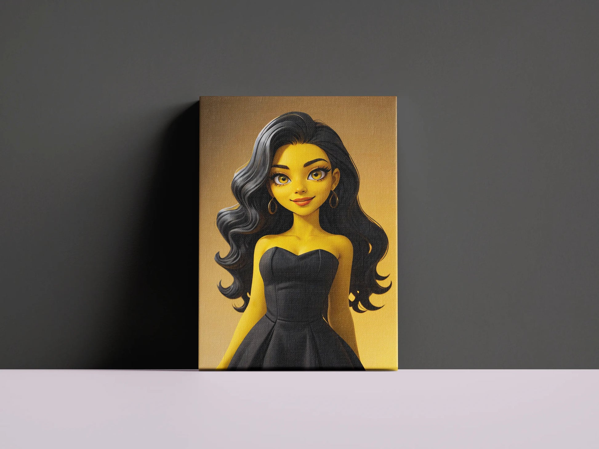 Custom anime A.I. art on canvas featuring a stylish character in black dress.