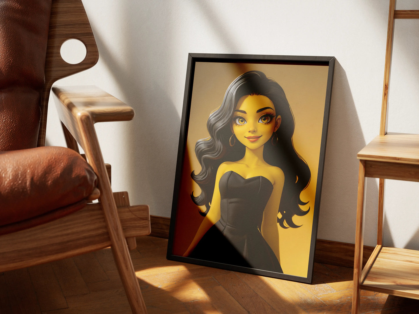 Custom anime A.I. art portrait featuring a woman in a black dress, framed and styled like Dragon Ball, displayed on a wooden floor.