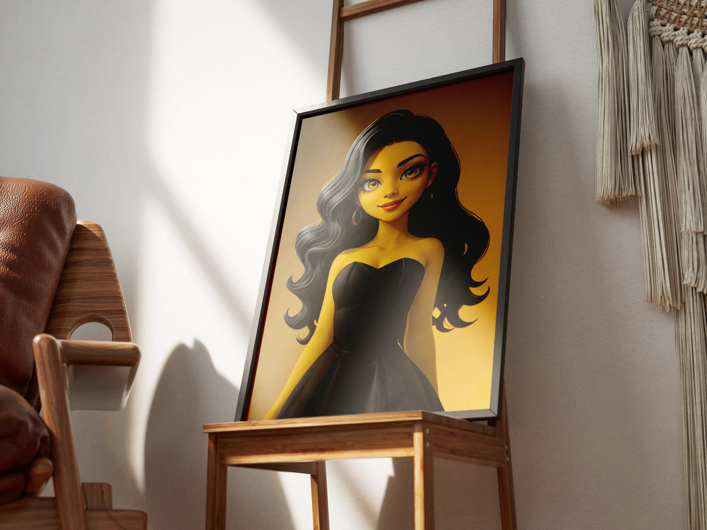 Anime-style art featuring a woman in a black dress displayed on a wooden easel.