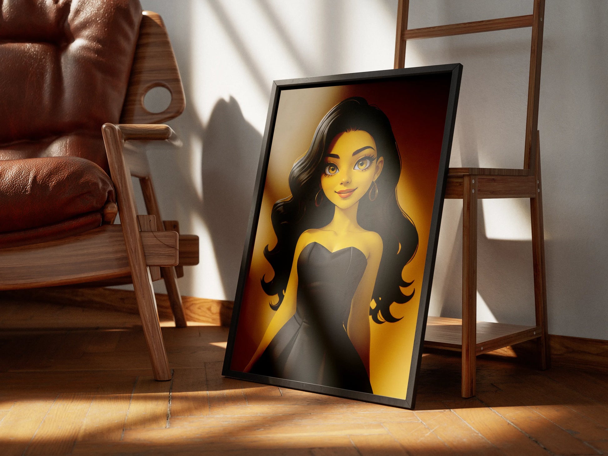 Custom anime A.I. art print in a frame on a wooden floor, featuring a female character with long, dark hair.