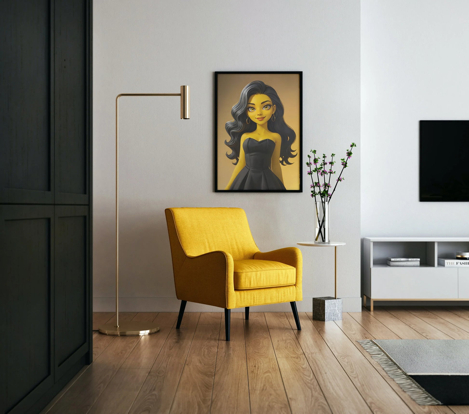 Custom Anime A.I. Art displayed as wall decor in a stylish living room setting.