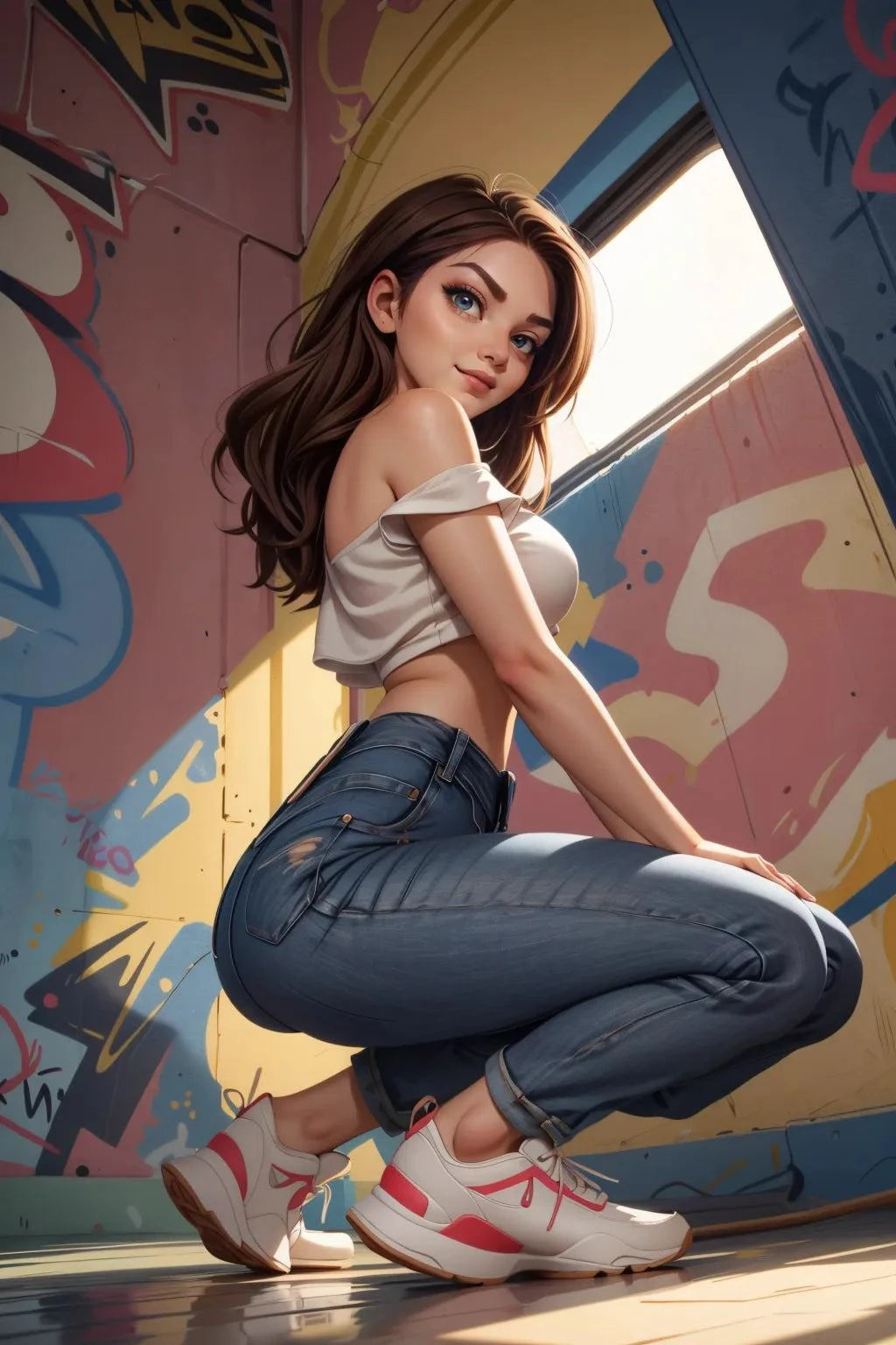 Custom A.I. Art: Female model in denim jeans with graffiti backdrop.
