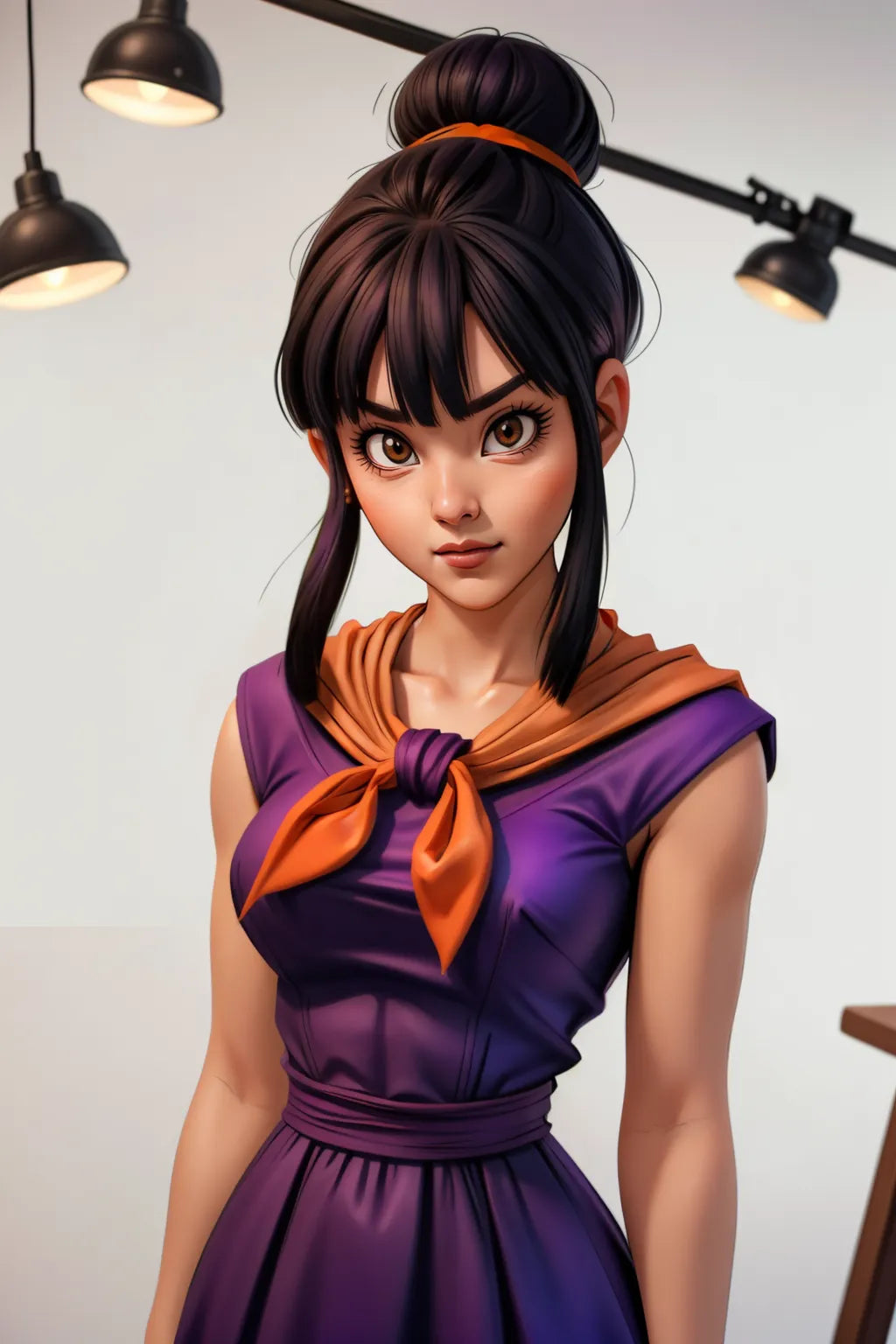 Anime-style digital artwork of a young woman in a purple dress with orange scarf, inspired by Dragon Ball Z, created using custom A.I. technology.