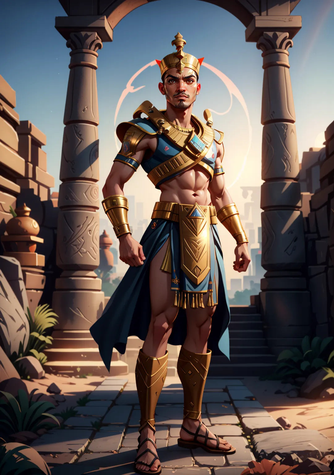 Ancient Egyptian-inspired A.I. art depicting a pharaoh in a golden crown and regal attire against a hieroglyphic backdrop.