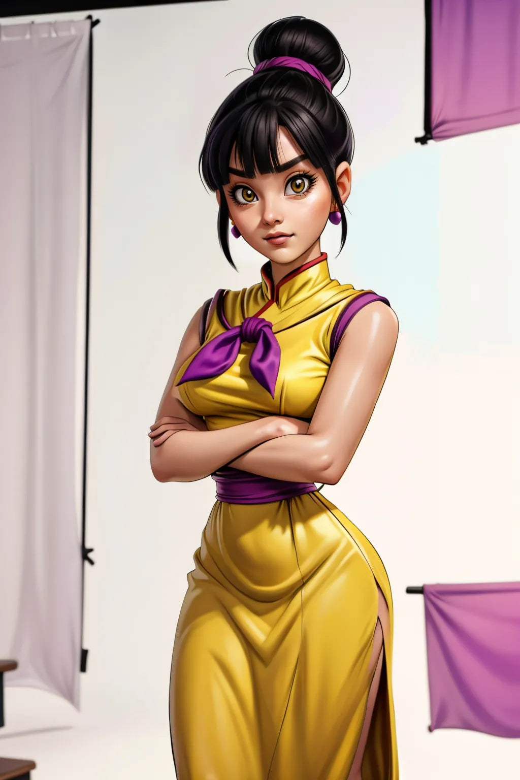 Custom anime-style art of a character in a yellow and purple outfit, created using A.I. technology.