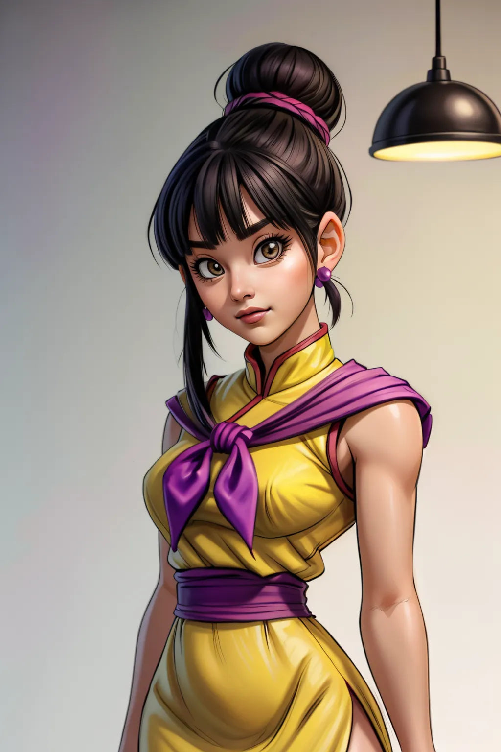 Custom anime art of a female character in yellow and purple attire created by A.I.