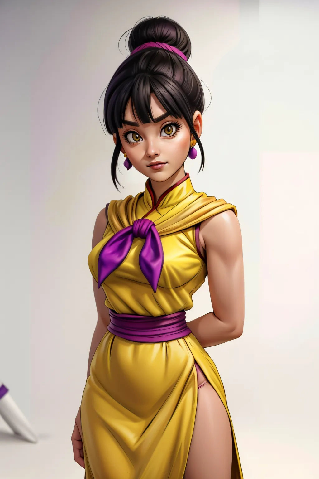 AI-generated anime art featuring a character in a yellow and purple outfit, perfect for custom wall decor or social media.