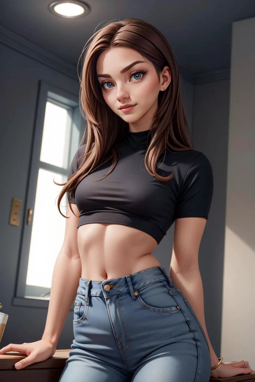 custom A.I. art posing in denim, digital artwork transformation, model-inspired design