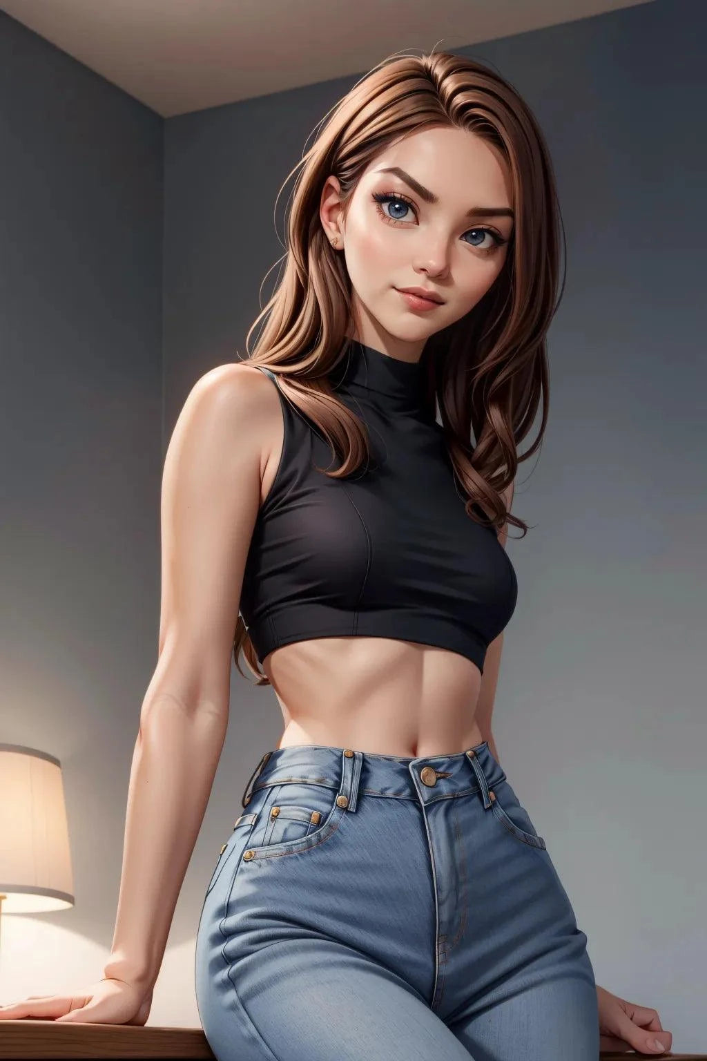 Custom A.I. art of a model posing in denim jeans and a black crop top.