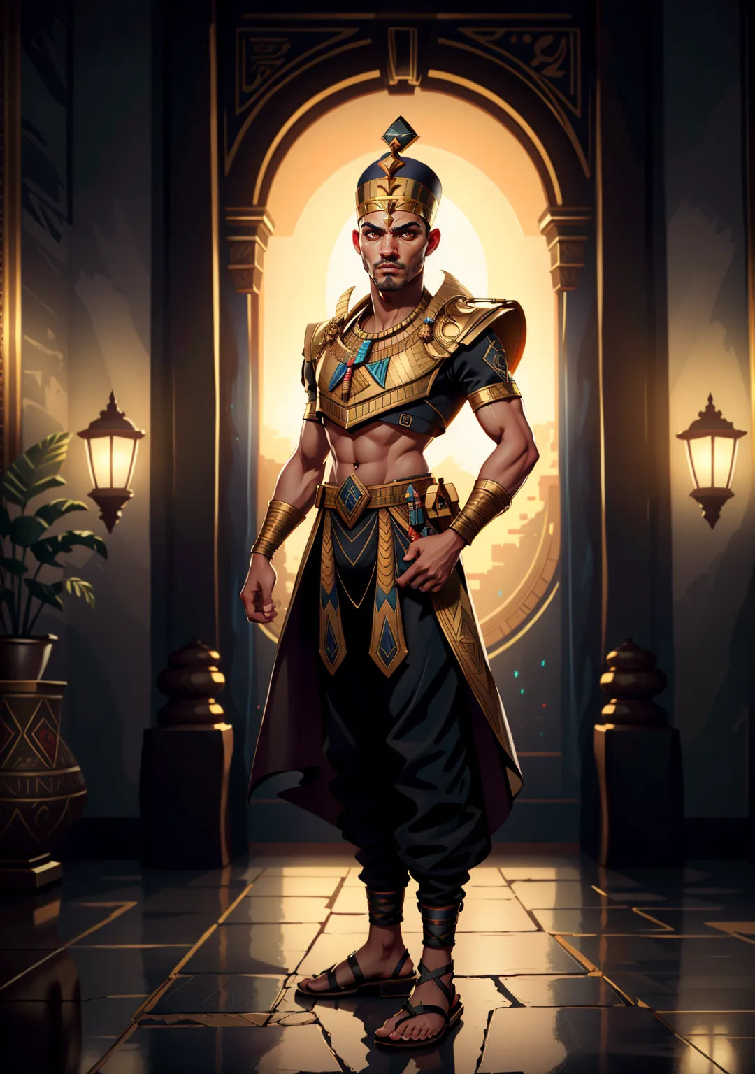 Custom Pharaoh A.I. Art depicting a modern interpretation of an Ancient Egyptian king with regal attire and a hieroglyphic background.