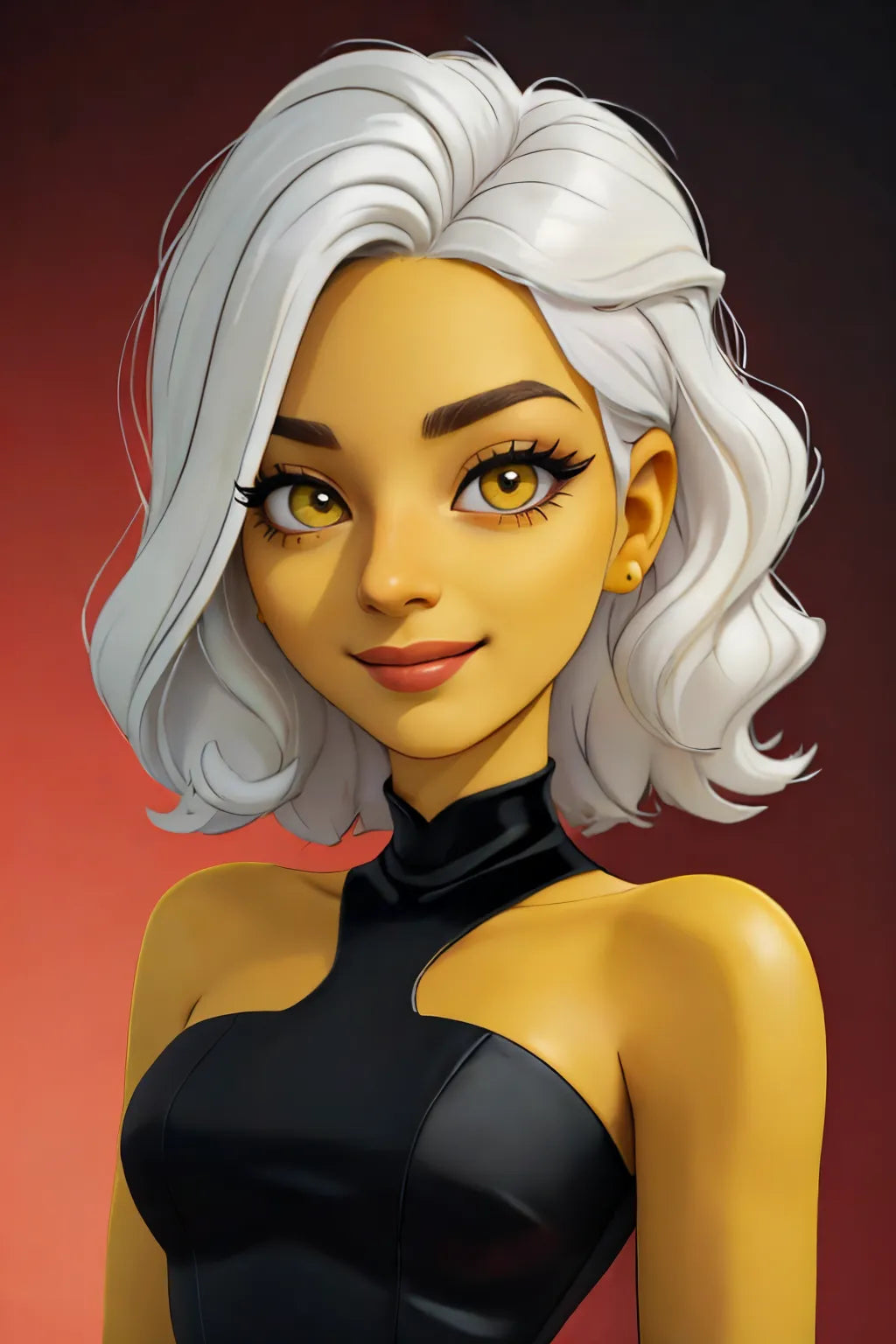 Custom anime A.I. art portrait with a "Simpsons" inspired style featuring a woman with white hair.