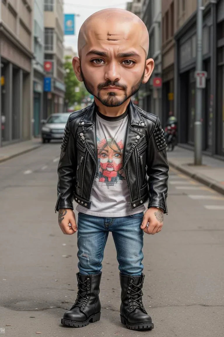 Custom A.I. art of person with oversized head and small body, wearing leather jacket and denim jeans in urban street.