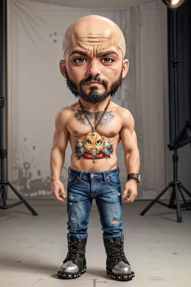 custom A.I. art character with ripped jeans and boots in a studio setting